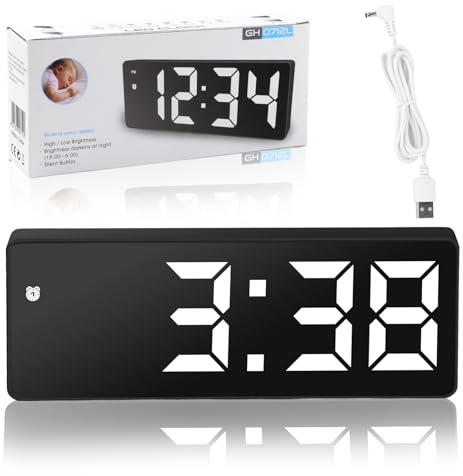 RISVOWO Réveil Numérique, Horloge Digitale avec Écran LED, Horloge Numérique avec Fonction Snooze, Alimenté par USB/Batterie,Température, Datetime, Noir