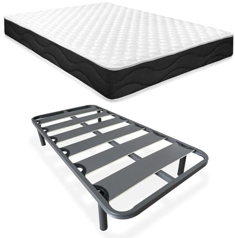 Homey - Cama Completa con Colchón Sleep Pro Reversible + Somier de Láminas Reforzado con 4 Patas Cilíndricas Metálicas Roscadas, 90 x 190