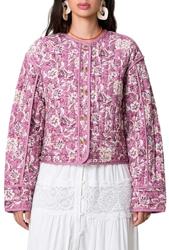 Veste courte matelassée à motif floral pour femmes, manteau cardigan léger à manches longues et à boutons, vêtements d'extérieur décontractés