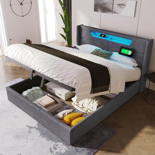 Rtopsu Letto Imbottito Matrimoniale 160x200 cm con USB e Illuminazione a LED, Telaio del Letto con Contenitore e Testiera, Rete a Doghe in Legno, Lino, Grigio, Senza Materasso
