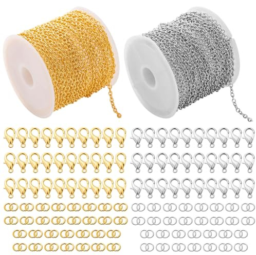 10 meter lång kedja, smyckeskedja, guldkedja och silverkedja, inklusive 120 ringar och 60 hummerlås, för gör-det-själv-halsband, pysselarbeten, (guld + silver, 5 x 2,4 mm)