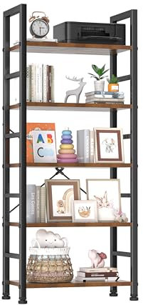 Sweetcrispy Bücherregal 5 Ebenen,Holz Standregal mit Metallrahmen,Lagerregal im Industriestil,Ablagen im Wohnzimmer Küche,Regal für Büro,Schlafzimmer,Arbeitszimmer,Modernes Braun,60Lx31Wx160Hcm