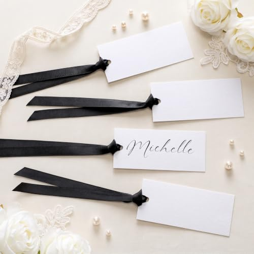 Humyoun 50 Pcs Name Place Cards for Table Setting Blank Wedding Place Cards with Satin Ribbon 1.57 x 3.54 Inch Hanging Gift Tags for Wedding Dinner Banquet Party Table Setting Supplies (Black)