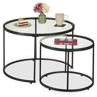 Relaxdays Satztisch, 2er Set, Glas & Metall, runde Beistelltische, für die Couch, Wohnzimmer Tisch, transparent/schwarz