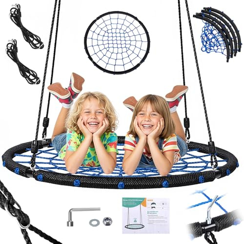 Nest Swing Seat for Kids, Spider Web Tree Swing, Heavy-Duty Steel Frame Reinforced Multi-Strand Ropes 10mm Thicker Web & Secure Knots Design 200kg/440lbs Adjustable Height 2 Children/1 Adult