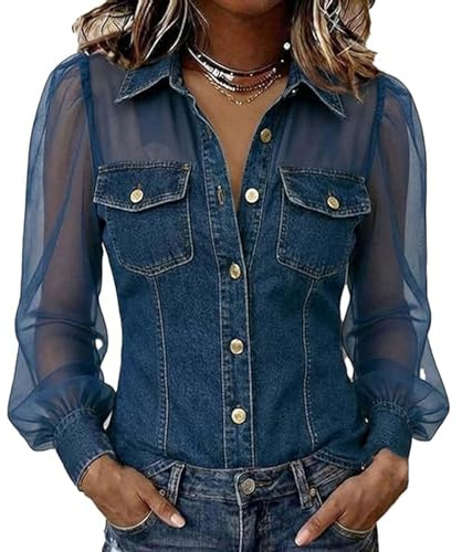 RuiWise Chemise en Denim À Manches Longues en Transparente pour Femmes, Chemisier Transparent Boutonné avec Poches Poitrine, Haut en Jean Sexy pour Femmes(Blue,M)