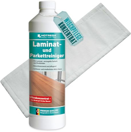 HOTREGA Laminatreiniger und Parkettreiniger 1 Liter Konzentrat | Streifenfrei trocknende Wischpflege für Laminat Parkett & Kork | inkl. Microfasermopp