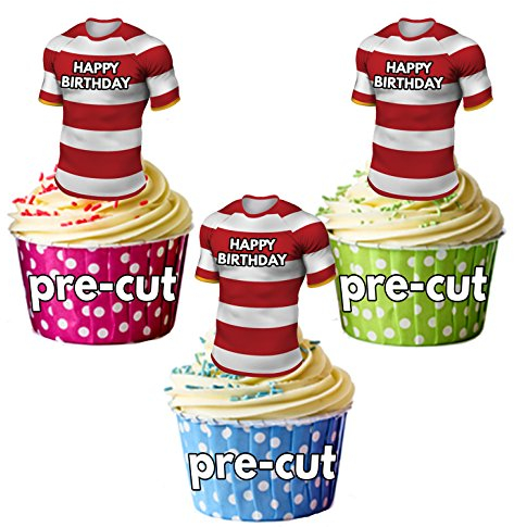 AK Giftshop PRECUT Happy Birthday Rugby Shirts - Edible Cupcake Toppers/Cake Decorations Wigan Colours (Pack of 12)