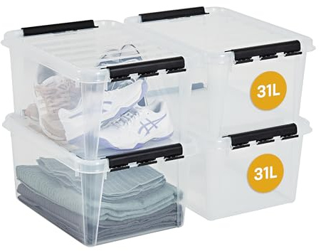 SmartStore Aufbewahrungsboxen mit Deckel, 31 l, transparent, 4er-Pack, verstärkt, 10 Jahre Garantie, lebensmittelecht, mit Clipverschluss, stapelbar, BPA-freier Kunststoff, 50 x 39 x 26 cm