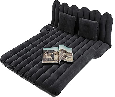 Byomostor SUV Air Mattress with Cup & Phone Holder, Flocked-Top Car Mattress with 2 Air Pillows & Electric Air Pump, Perfect for Camping, Travel, and Road Trips (Black)