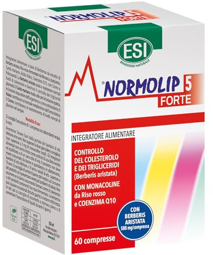 ESI - Normolip 5 Forte, Integratore Alimentare con Berberis, Contribuisce ai Normali Livelli di Colesterolo e Trigliceridi e alla Funzionalità Cardiovascolare, Senza Glutine, 60 Compresse