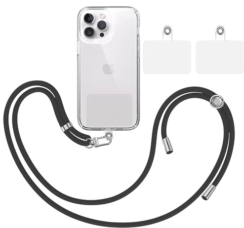 TBOC Pack: Cordino Catenella Laccio Strap Porta Cover [Nero] + 2 toppe di fissaggio aggiuntive Telefono Cellulare Collo - Tracolla Catenina cordini Phone Cellulari Telefoni Universale Laccetti