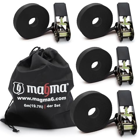 MAGMA 4 Correas de Trinquete 6m, 800Kgf/unit. Cinchos, Cinchas de Amarre, Eslingas con Carraca, Remolque Baca Kayak Tabla de Surf Piraguas Canoa Bicicleta Moto, Longitud Ajustable. Negro