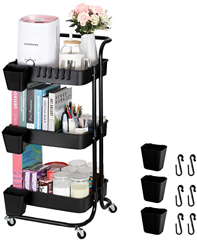 Bemece 3 Tier Trolley, Storage Trolley on Wheels with PP Draining Basket for Kitchen Bathroom Laundry and Office(Black)