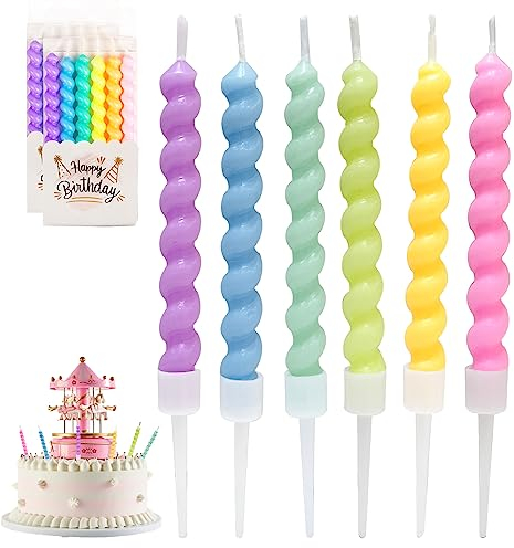12 Pcs Birthday Candles for Cakes, Rainbow Spiral Cake Candles, Party Candles with Holders for Birthday Cake Baby Shower Cake Wedding Party Decoration