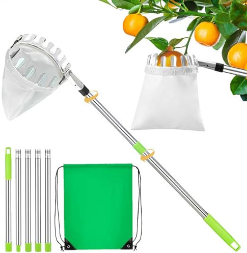 NonKob Recogedor de frutas de 2,2 m con mango telescópico y bolsa de tela, diámetro de 16 cm, recogedor de cerezas de aluminio para la cosecha de manzanas, cítricos, peras, melocotón, etc