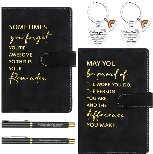 HAOWANWW Juego de 6 llaveros de cuero negro para regalo de agradecimiento a los empleados, juego de llaveros inspiradores personalizados de papelería, diario, regalos de trabajo a granel para hombres,