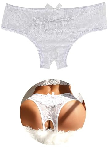 ohyeahlady Tanga Ouverte Sexy Femme Erotique Dentelle Grande Taille String Hot Ficelle Culotte Brésilien Slips Coton sans Couture Dessous Tenue Hot sous Vetement Lingerie Ouverte Pute(Blanc,M)