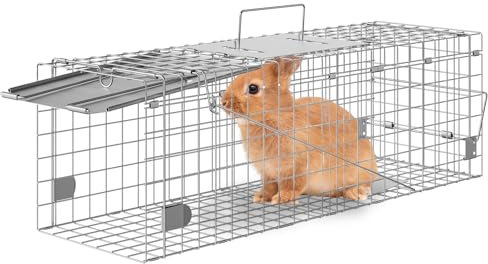 VEVOR Live Animal Cage Trap, 24 x 8 x 8 Humane Cat Trap Galvanized Iron, Folding Animal Trap with Handle for Rabbits, Stray Cats, Squirrels, Raccoons, Groundhogs and Opossums