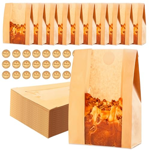 Homrelaxy 60pcs Paper Bread Bags for Homemade Bread, Sourdough Bags with Window, 13.7 x 8.3 x 3.5 Inch Large Brown Kraft Bakery Bag for Storing Loaves & Snacks, Includes 70 Sealing Stickers