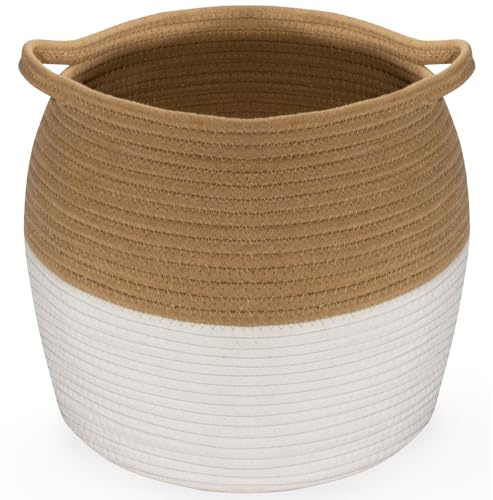 Rieeyrslza Cotone Cesto Intrecciato Curvo 26L Cesto Portabiancheria in Corda Intrecciata con manico, in Soggiorno, Magazzino, Decorazione Cestini Stoccaggio 30 x 30 CM (Iuta+ Bianco)