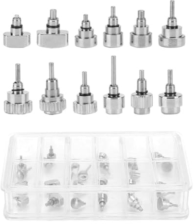 Kznifmk Pulsante per orologio in acciaio inox accessorio strumento di riparazione orologio 12 griglie/scatole kit di ricambio strumento di riparazione orologio