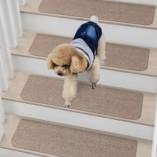 COSY HOMEER 15 Stück Stufenmatten Selbstklebend, 70x22cm Treppenteppich frei zuschneidbar, Maschinenwaschbar, 100% Polyester, TPE-Rücken, Sicherheit für Kinder, Senioren und Haustiere, Beige
