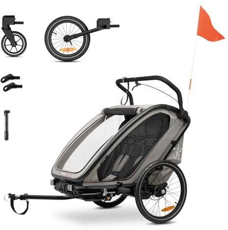 hauck Bike N Walk Duo Set Completo 3 en 1 Remolque Bicicleta 2 Niños - Silla de Paseo Doble Plegable Desde 6 Meses hasta 22 kg o 120 cm - Suspensión - Freno de Mano - Maletero - Light Gray