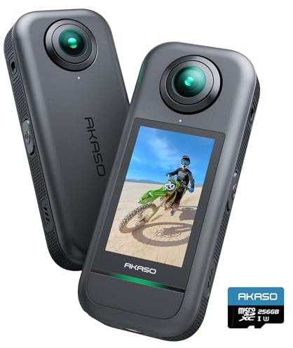 AKASO 360-360° Action Camera with 5.7K 360° Video, 72MP Photo, SuperSmooth Stabilization, Horizon Lock, AI Tracking, Invisible Selfie Stick Effect, Touchscreen, Splash-Resistant, 256GB Micro SD Card