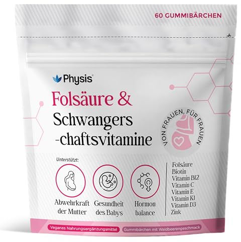 Physis Folsäure Schwangerschafts-Multivitamin Gummies | Vegane Vitamine für Schwangere mit Folsäure, Vitamin B12 & D3 | Ohne Zusatzstoffe | Premiumqualität | Hergestellt im UK