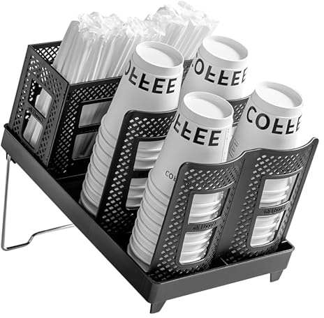 WORLUDE Foldable Organizer Cup holder - Stacking Cup Storage Holde with Straw Storage Box, Adjustable Coffee Cup Holder Organizer, Paper Cup Storage Rack for Weddings, Bars, and Parties (Black)