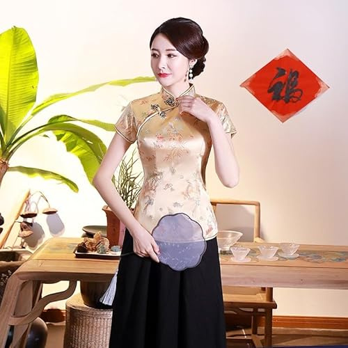 Camiseta de satén dorado para mujer, blusa tradicional de estilo espiga con diseño de dragón, camisa china vintage para verano, opciones azul marino y rojo vino (XXL dorado)