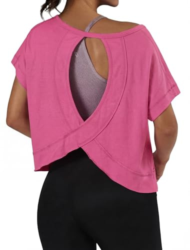 GRECERELLE Women's Loose Fit Workout T-Shirt Short Sleeve Gym Top with Open Back for Running Yoga Pilates - Quick Dry & Breathable (Hot Pink, M)