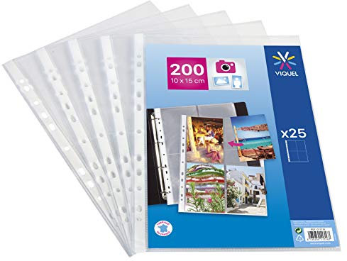 Viquel - Lot de 25 Pochettes perforées pour photos Ou Cartes postales - Pochettes photos A4 pour classeur - Perforation standard - Pour photos ou cartes 10x15cm - Incolore