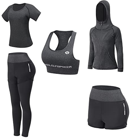 JULY'S SONG Abbigliamento Sportivo da Donna, T-Shirt 5set Suit per Sport Yoga Ginnastica Sport Include Manica Lunga e Corta, Pantaloni, Reggiseno, Morbido e Traspirante Confortevole