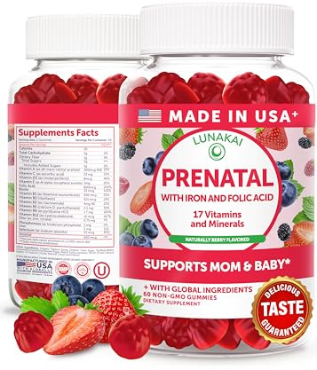 Lunakai USA Made 17-in-1 Prenatal Vitamins for Women with Iron & Folic Acid – Delicious Daily Prenatal Gummies for Maternal Wellness Support, 60ct