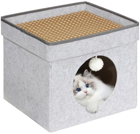 Bonlife Folding Cat House,Felt Cat Cave for Indoor Cats,Small Cat Kennel with Lids,Faux Lambswool & Straw Mat Universal for All Seasons,Light Grey,40x32x39cm