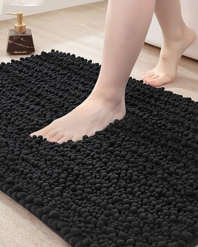 DEXI Badematte, saugfähig, weich, dick, Chenille-Bodenmatte, rutschfest, maschinenwaschbar, zotteliger Badteppich für Badewanne, Duschraum, Badezimmerzubehör, Dekor, 40,6 x 61 cm, Schwarz