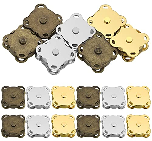 Prasacco 12 Paare Magnetknöpfe, 15mm Metall Magnetknöpfe 3 Farben Pflaumenförmiger Magnetverschluss für Geldbörsen, Handtaschen, Kleidung, Nähen, DIY Handwerk (Silber, Gold, Bronze)