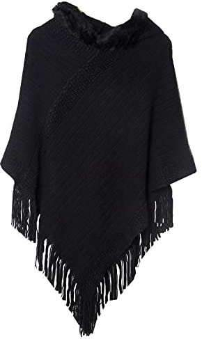 PengFaXin Mantella da donna con cappuccio e scialle oversize con frange, Nero , Etichettalia unica