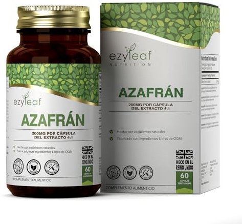 EZ Azafrán Suplemento | 60 Cápsulas de Azafran de Alta Potencia - 200mg de Extracto de Azafrán Capsulas por Porción | Sin OGM, Gluten, y Alérgenos | Hecho en el Reino Unido