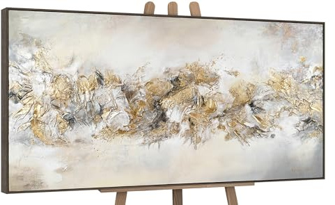 YS-Art Quadro Astratto Orizzontale Oro Beige e Bianco, Dipinto Materico Moderno Elegante 140x70 cm