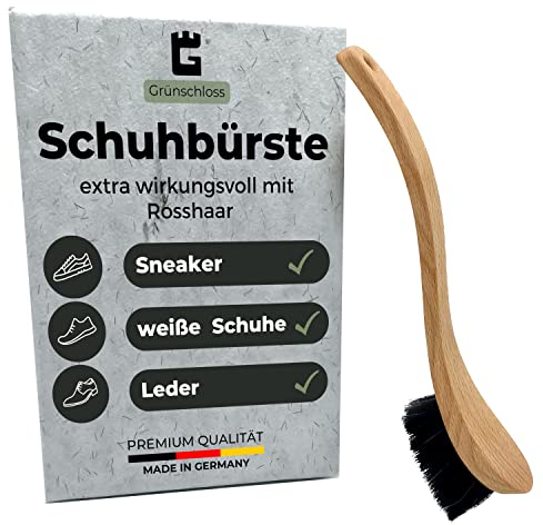 Grünschloss Schuhbürste Sneaker Reiniger weiß – Hochwertiger Schuhreiniger Made in Germany mit wirkungsvollem Rosshaar ideal für weiße Schuhe, Sneaker, Leder, UVM. - Schuhputzbürste Schuhputzer
