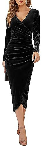 Joligiao Women Long Sleeve Velvet Wrap V Neck Elegant Party Dress - Sexy Ruched High Waist Slit Cocktail Evening Clubbing Wear - Black S