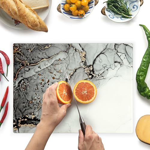 Tabla de Cortar de Vidrio 40 x 30 cm: Protector de Encimera de Vidrio para Cocina - Vidrio Templado Duradero e Higiénico, Resistente a Arañazos - EFECTO MÁRMOL GRIS