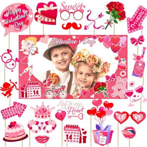 Valentine's Day Photo Booth Props - 1 Pcs Large Size Valentines Photo Props Frame and 23 Pcs Happy Lovers Selfie Photo Booth Props for Valentines Day Party Decorations Favors Supplies