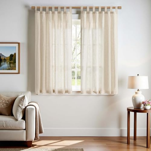TOPICK Gardinen mit Schlaufen Leinen Vorhänge für Wohnzimmer Schlafzimmer Stores Fenster Lichtdurchlässig Lichtfilterung Vorhang Bauernhaus Landhausstil Gardine küche 2er Set 140Bx145H (cm) Beige