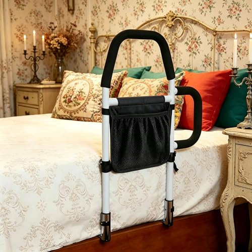 Barrière de Lit Adulte avec Double Poignée, Barre d’Appui de Lit pour Personnes Âgées et Handicapées, Aide au Lever Sécurisée avec Sac de Rangement, Main Courante Antidérapante, Charge 136 kg