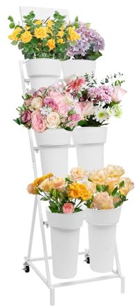 Présentoir de fleurs avec 6 seaux en plastique et cadre de signalisation, 40 x 50 x 150 cm, chariot de fleurs fraîches avec roues pour extérieur, terrasse, jardin