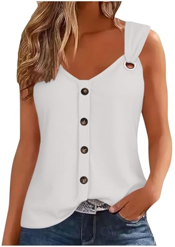 Vest Tops Women V-Neck Camisoles Button Strap T Shirts Ladies Summer Tops Elegant Going Out Cami Tops Regular Fit Sleeveless Tshirt Swing Vests Blouses Solid Loose Tank Top UK Sale Clearance